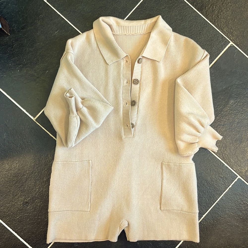 Solid Tan Colored Ribbed Button Up Pocket Detail … - image 1